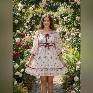 NEW Baevely Anthropologie Floral Boho Puff Sleeve Romantic Ribbon Rose Dress S